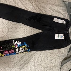 Black Jeans With Print On Left leg